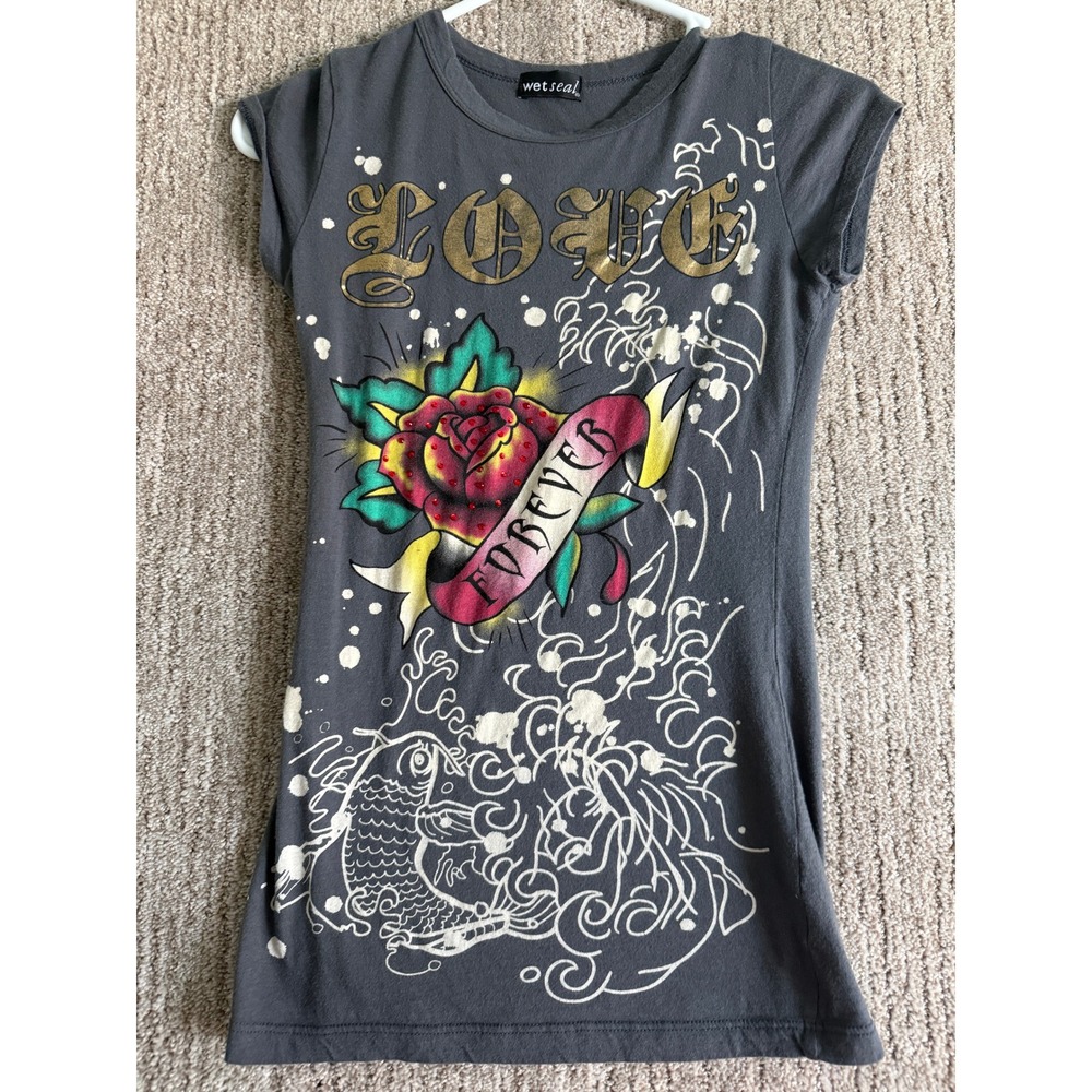 Wet Seal Y2K Tattoo Graphic Tee Rose Love Forever Rhinestone Gray Cap Sleeve